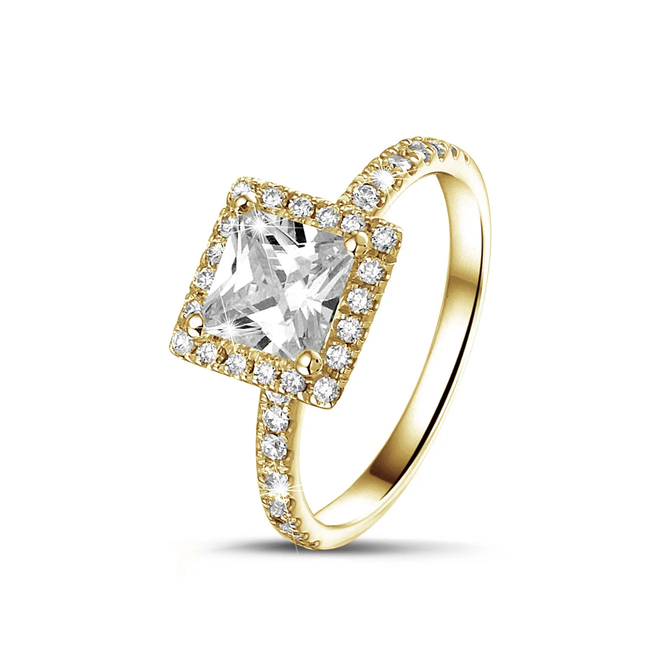 1.00 quilateshalo anillo solitario diamante princesa en oro amarillo con diamantes redondos 