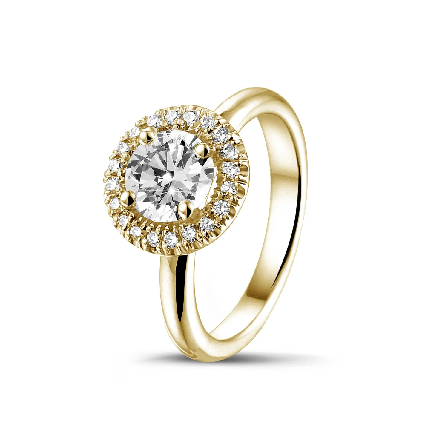 1.50 quilates Halo anillo solitario en oro amarillo con diamantes redondos 