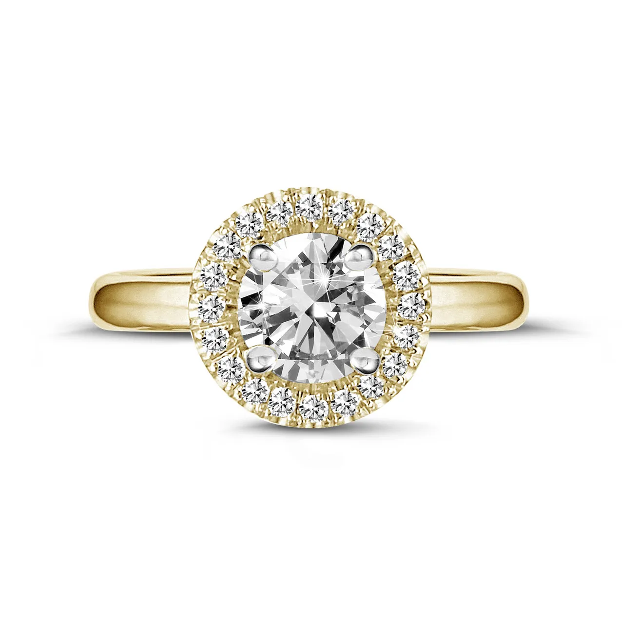 1.50 quilates Halo anillo solitario en oro amarillo con diamantes redondos 