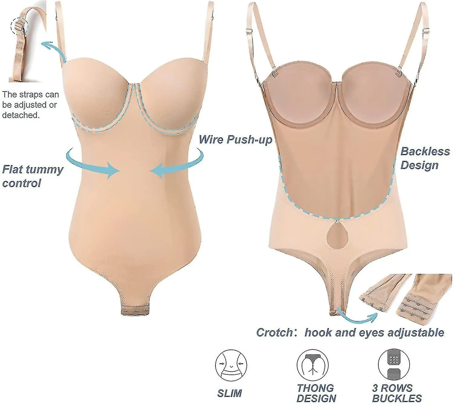Backless Body Shaper para mujeres Push Up Bra Low Back Thong Bodysuit