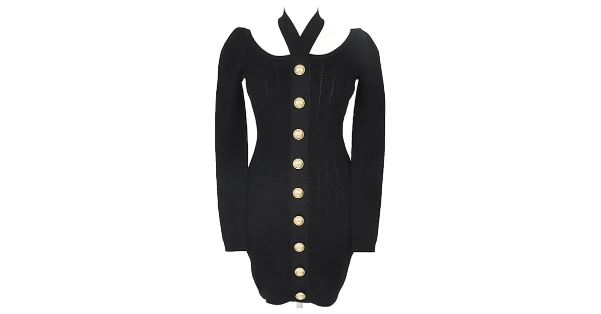 Balmain Vestido de punto negro con cuello halter y espalda descubierta 