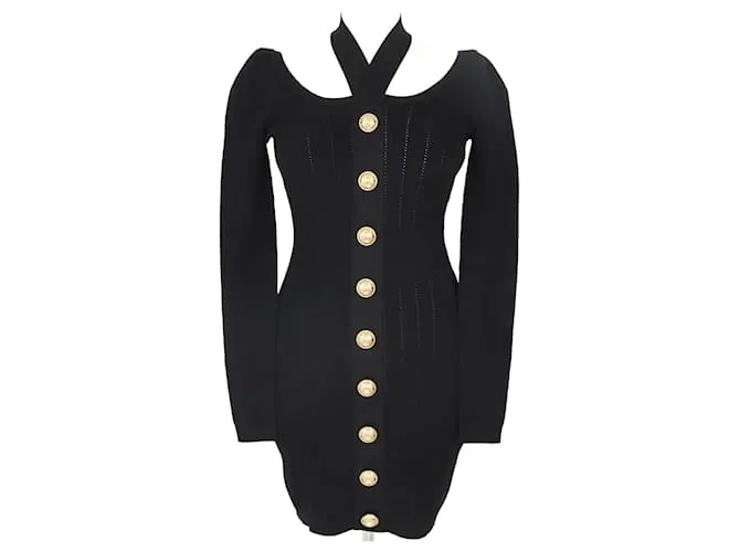 Balmain Vestido de punto negro con cuello halter y espalda descubierta 