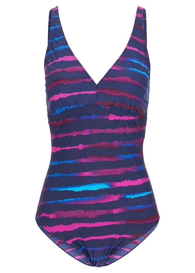 Bañador con efecto reductor, nivel 3 azul/fucsia/turquesa con rayas