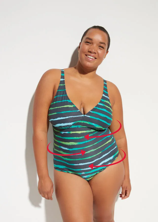 Bañador con efecto reductor, nivel 3 azul/fucsia/turquesa con rayas