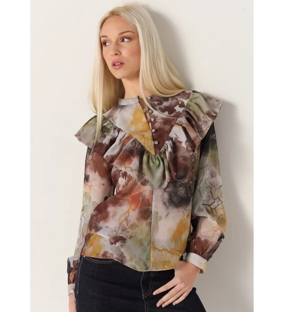 Blusa fluida con estampado abstracto marrón