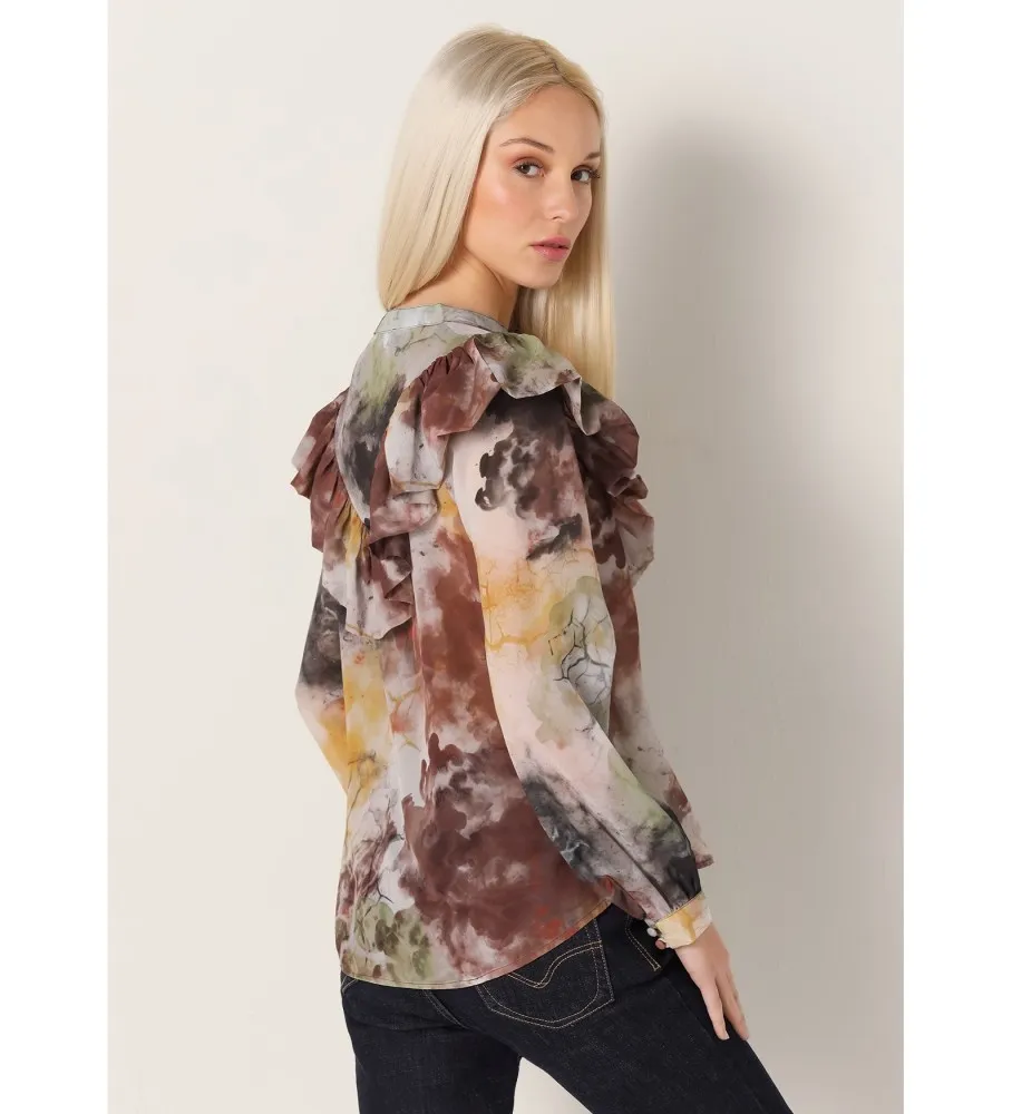 Blusa fluida con estampado abstracto marrón