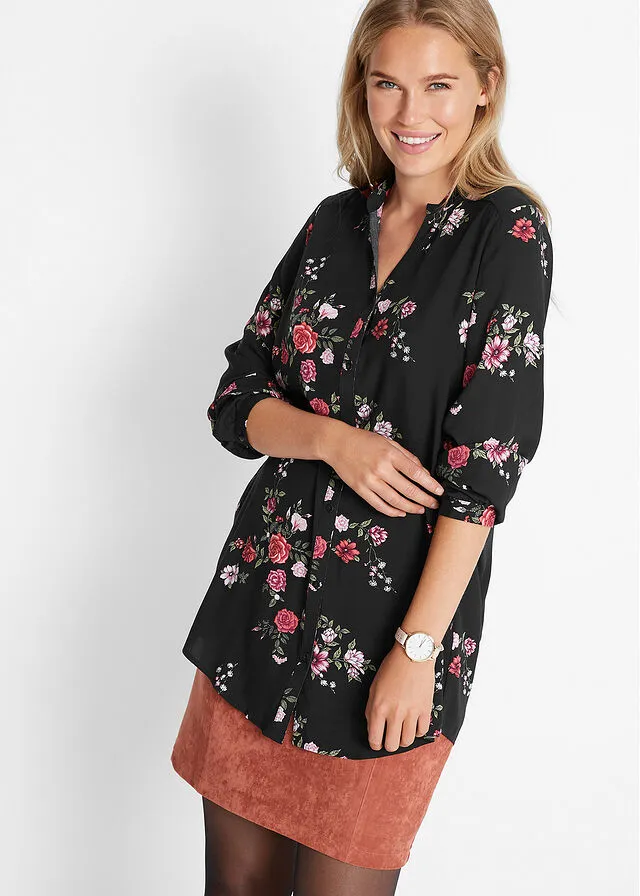 Blusa larga de viscosa con corte ancho Negro con flores