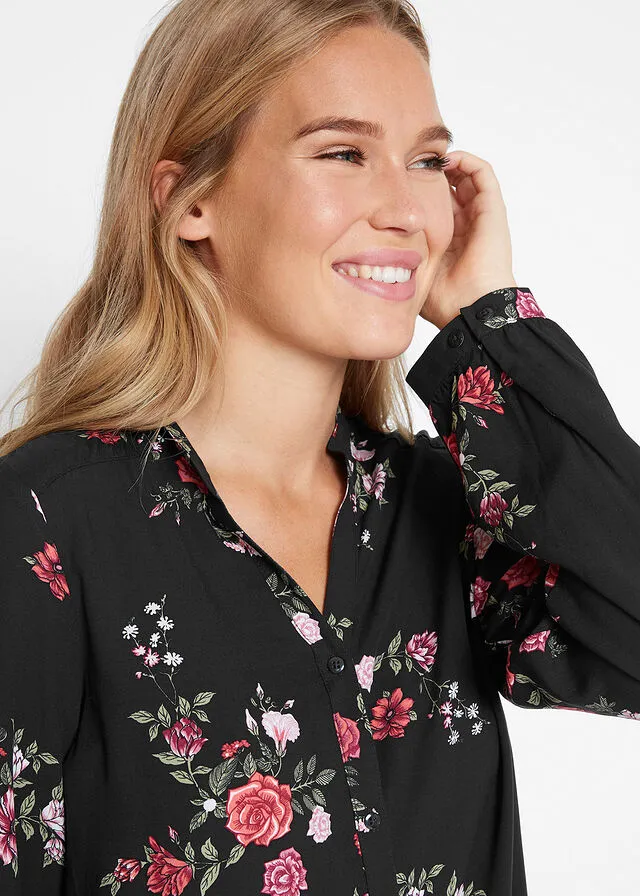 Blusa larga de viscosa con corte ancho Negro con flores