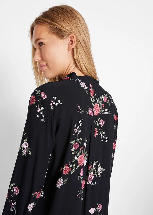Blusa larga de viscosa con corte ancho Negro con flores