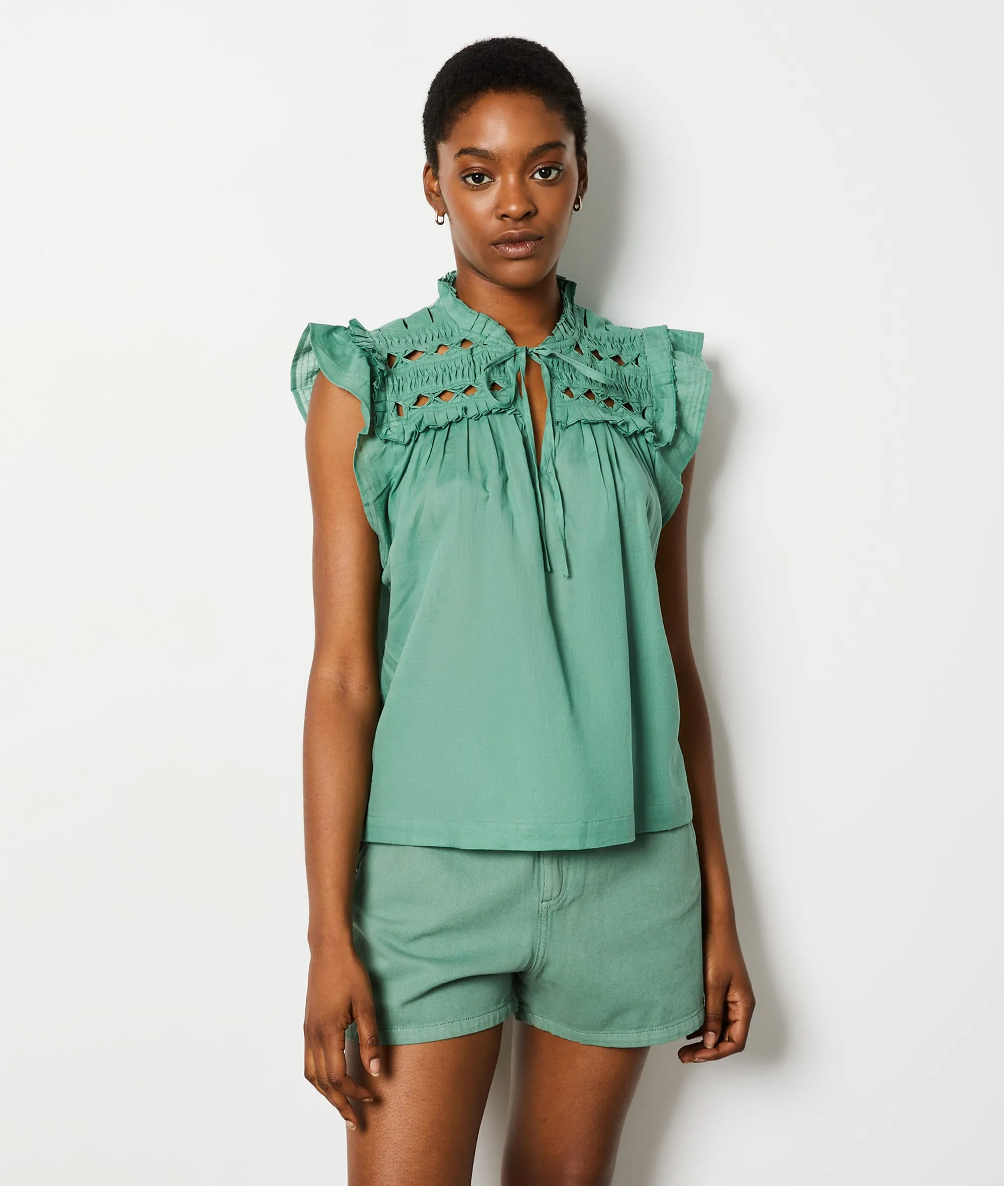 BLUSA MANGA CORTA ESTAMPADO FLORAL CARMEN KAKI  ETAM