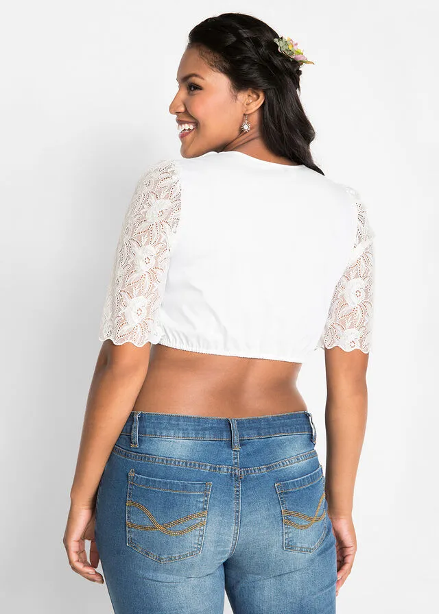 Blusa tradicional con manga de encaje Blanco