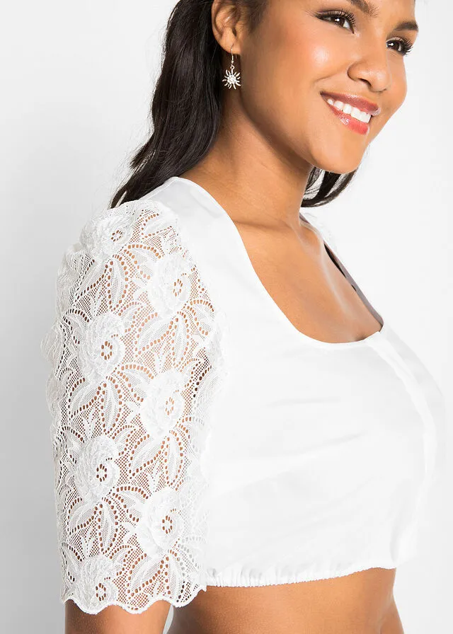 Blusa tradicional con manga de encaje Blanco