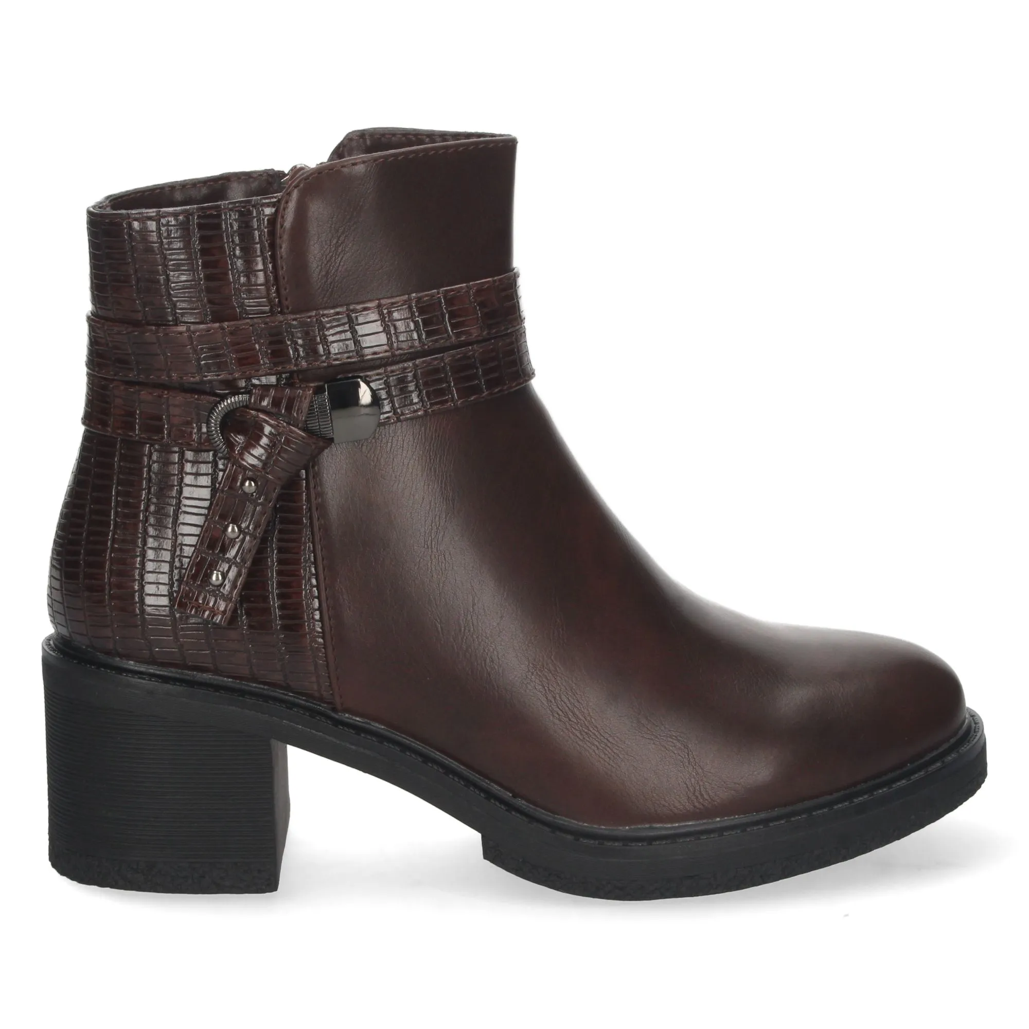Botines de tacón bajo detalle correa para mujer color marron
