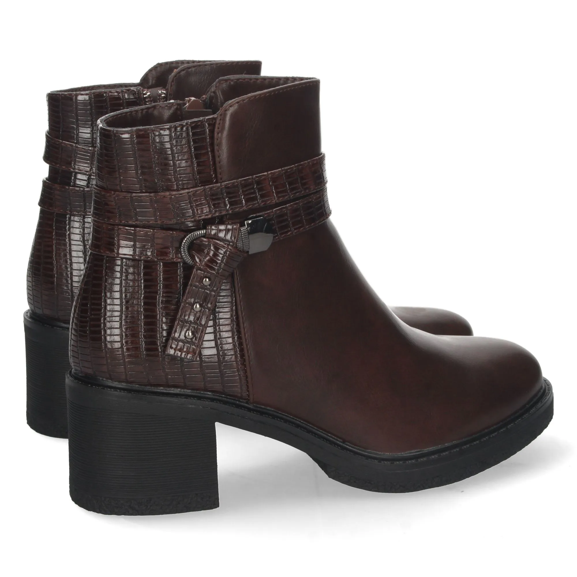 Botines de tacón bajo detalle correa para mujer color marron