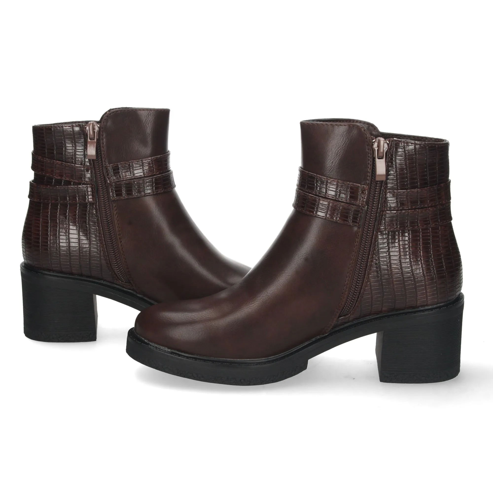 Botines de tacón bajo detalle correa para mujer color marron