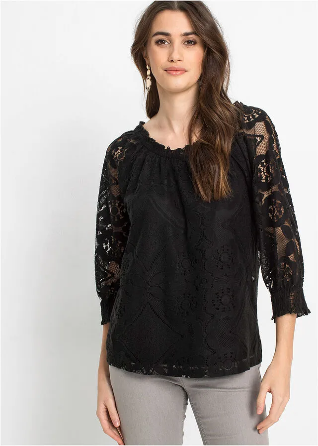 Camiseta con encaje Negro