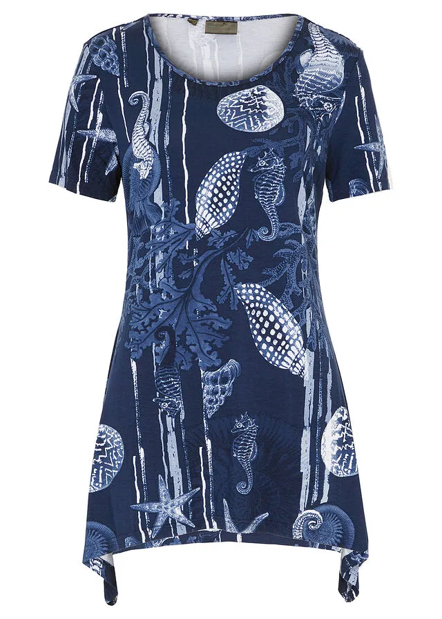 CAMISETA LARGA CON BAJO IRREGULAR AZUL MARINOBLANCO ESTAMPADO