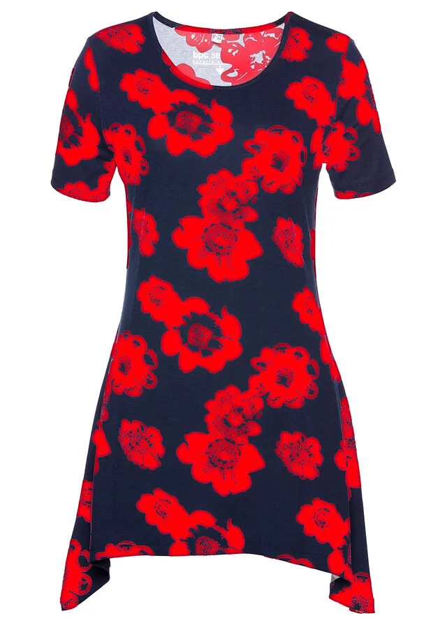 Camiseta larga con borde irregular Azul marino / fresa con flores