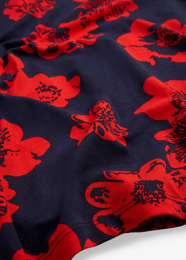 Camiseta larga con borde irregular Azul marino / fresa con flores