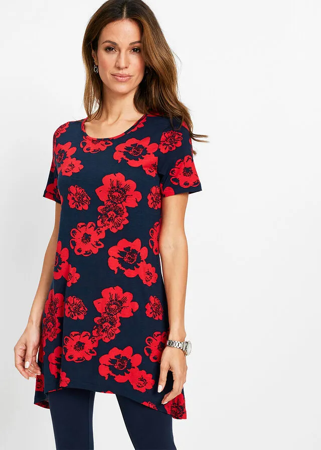 Camiseta larga con borde irregular Azul marino / fresa con flores