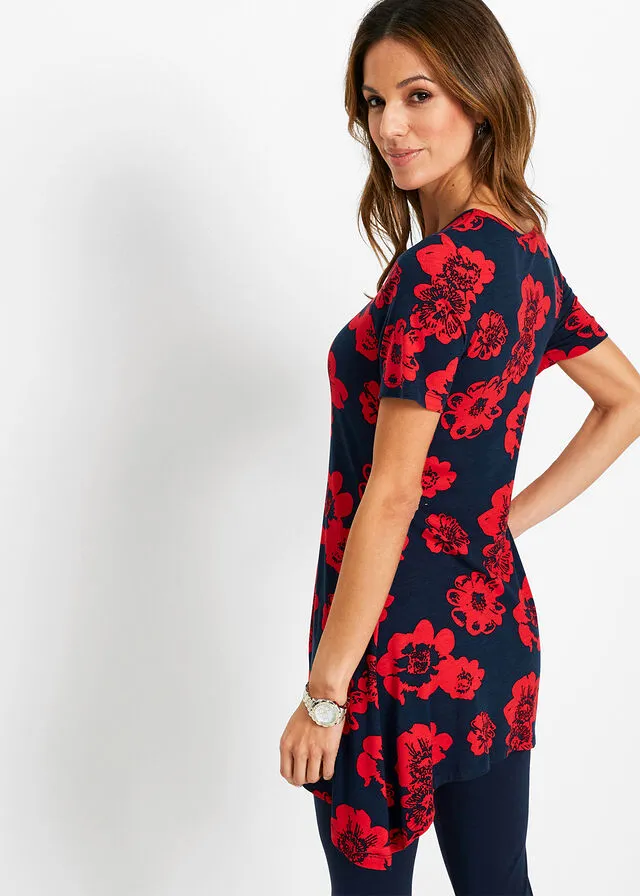Camiseta larga con borde irregular Azul marino / fresa con flores