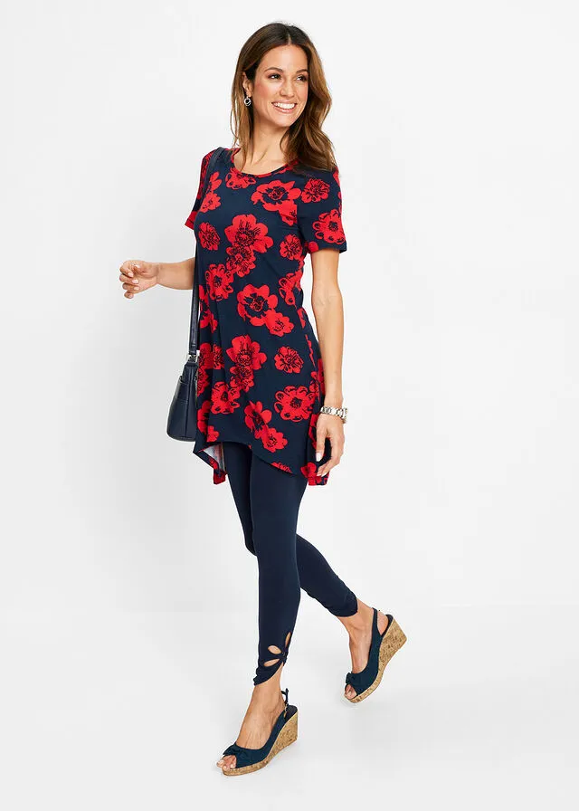 Camiseta larga con borde irregular Azul marino / fresa con flores