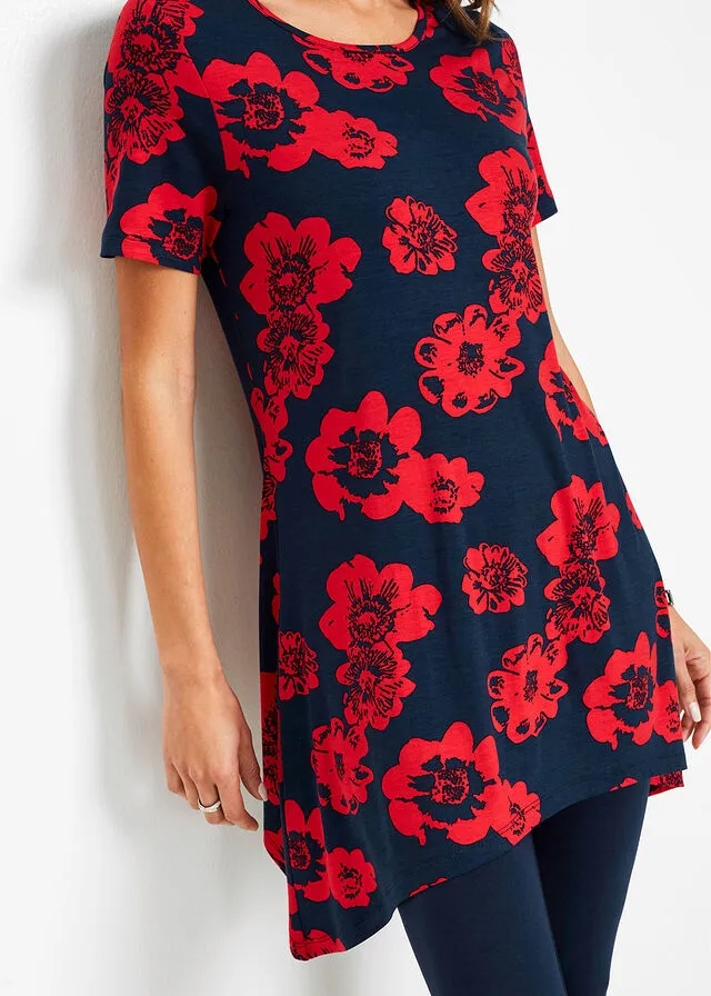 Camiseta larga con borde irregular Azul marino / fresa con flores
