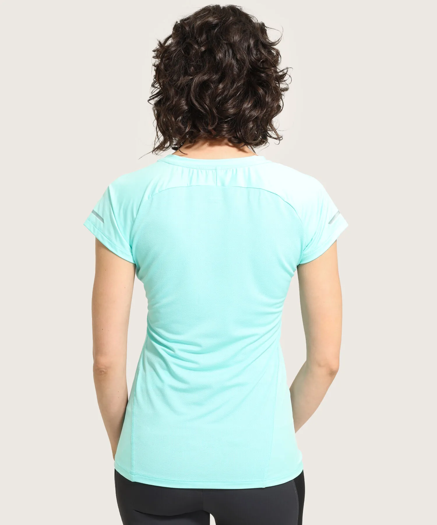 CAMISETA PARA MUJER, CUELLO EN V, MANGA CORTA, TEJIDO TIPO MALLA EN ESPALDA