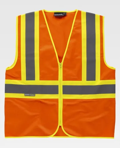 Chaleco alta visibilidad, multibolsillos, cintas reflectantes bicolores verticales y horizontales Naranja AV Amarillo AV