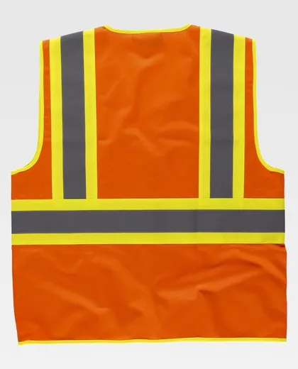 Chaleco alta visibilidad, multibolsillos, cintas reflectantes bicolores verticales y horizontales Naranja AV Amarillo AV