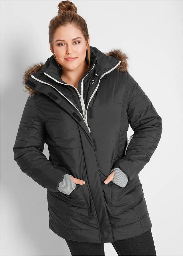 Chaqueta guateada larga funcional con aspecto 2 en 1 Negro