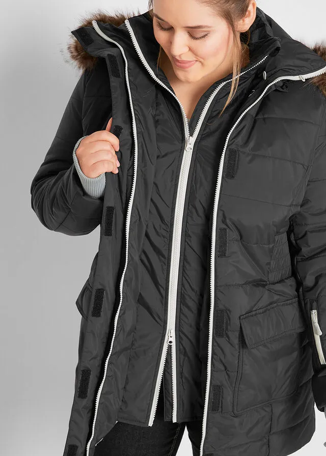 Chaqueta guateada larga funcional con aspecto 2 en 1 Negro