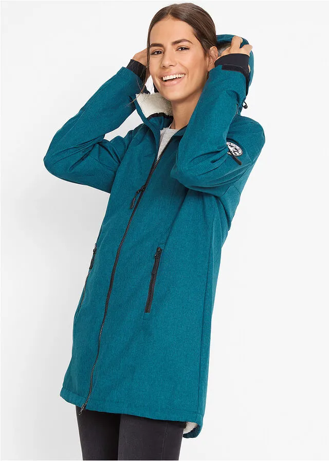 Chaqueta larga funcional impermeable para exteriores con forro polar verde azulado moteado