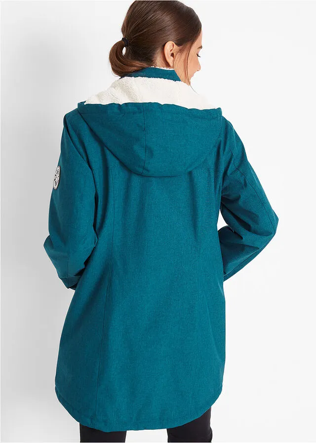 Chaqueta larga funcional impermeable para exteriores con forro polar verde azulado moteado