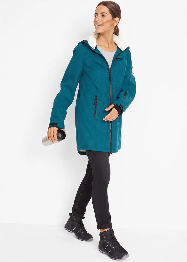 Chaqueta larga funcional impermeable para exteriores con forro polar verde azulado moteado