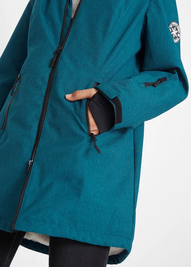 Chaqueta larga funcional impermeable para exteriores con forro polar verde azulado moteado