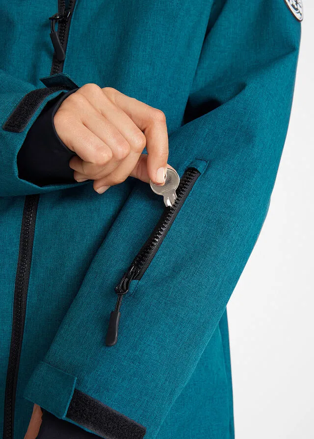 Chaqueta larga funcional impermeable para exteriores con forro polar verde azulado moteado