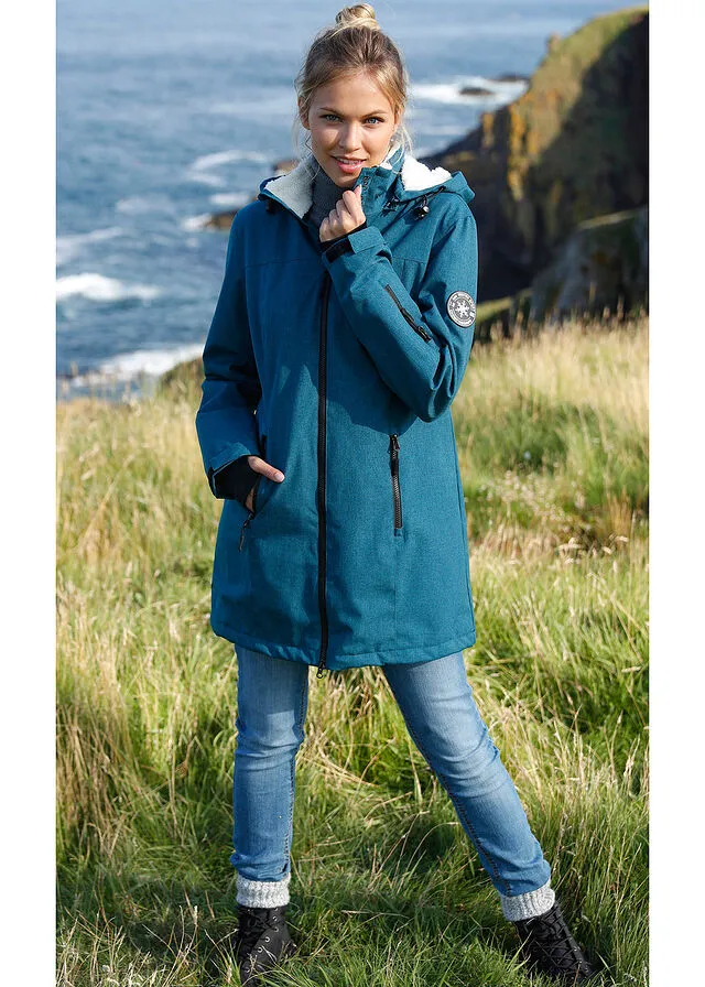 Chaqueta larga funcional impermeable para exteriores con forro polar verde azulado moteado