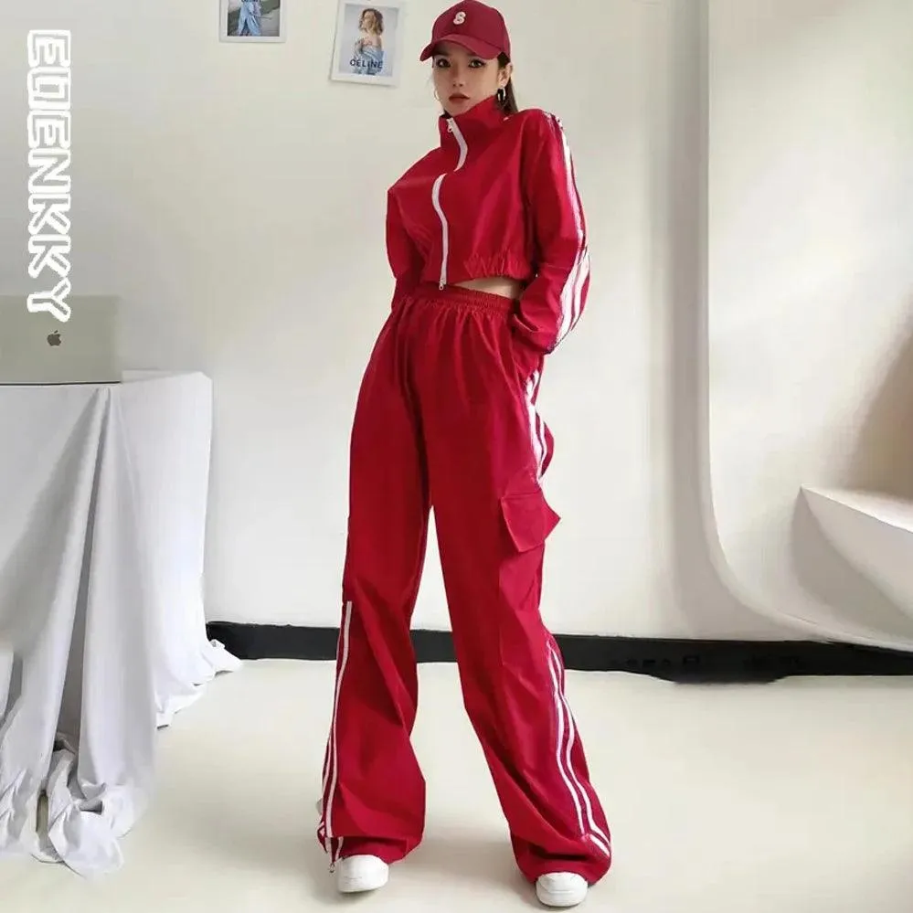 Chándal a rayas de 2 piezas para mujer, pantalón de pierna ancha