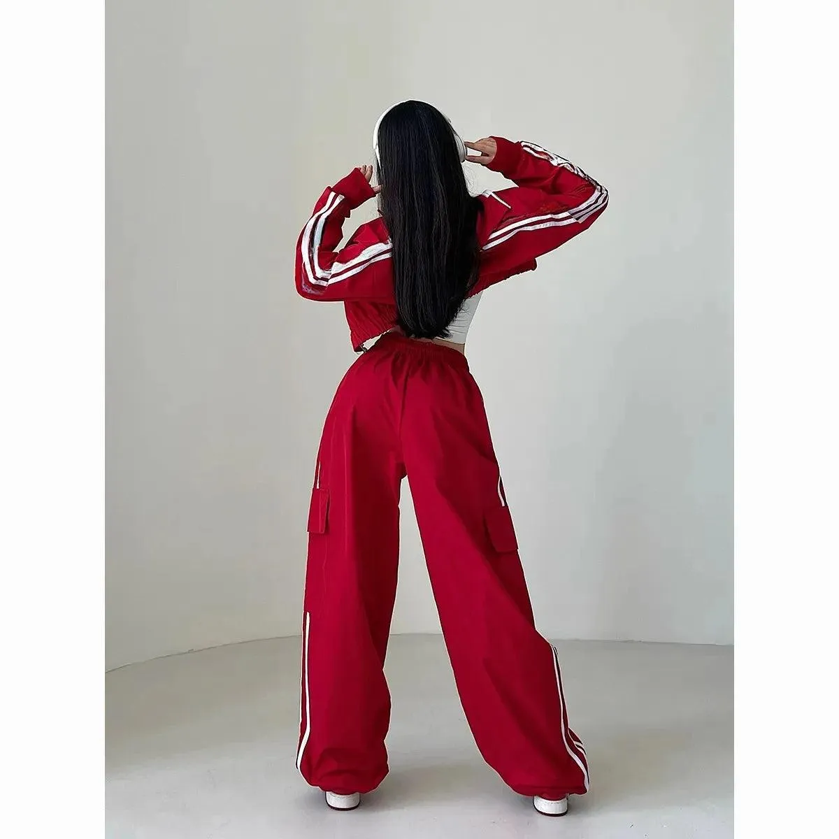 Chándal a rayas de 2 piezas para mujer, pantalón de pierna ancha