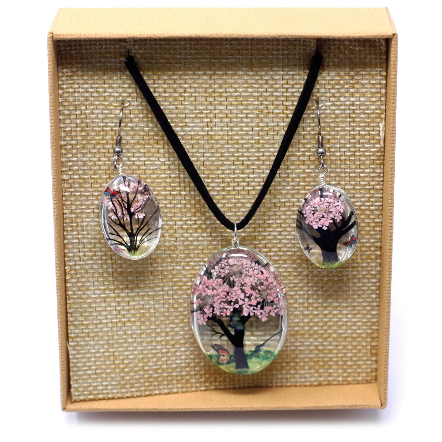 Conjunto Colgante  Pendientes  Flores Prensadas Arbol de la Vida ROSA