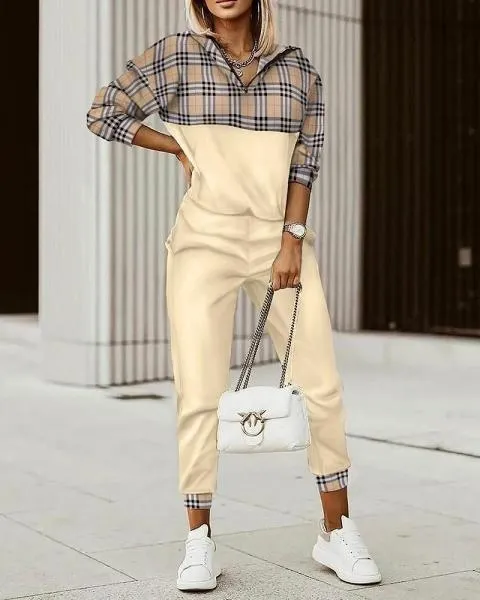 Conjunto de chándal de algodón con estampado de cuadros Ferisa, beige