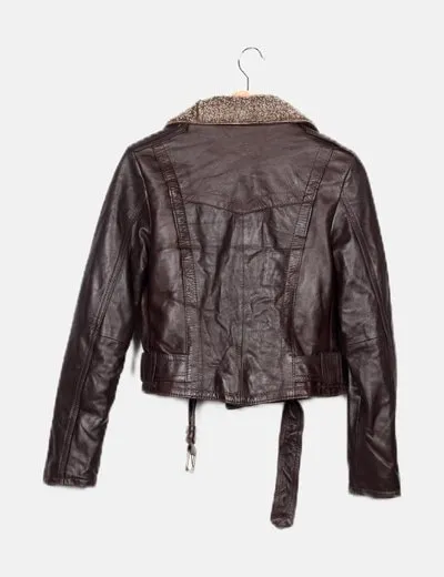Culture vintage Chaqueta biker de piel marrón detalle borrego