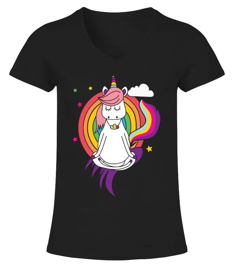 Dibujo unicornio meditando arco iris Camiseta cuello pico Mujer