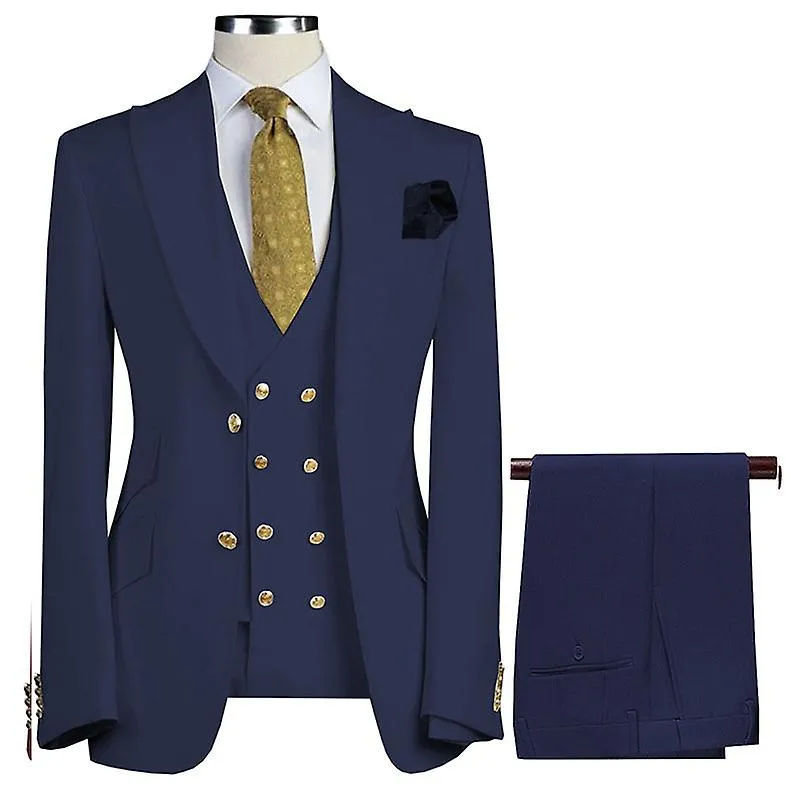Elegante traje de vestir de 3 piezas para hombre, chaqueta formal de boda de ajuste clásico, chaleco y pantalones, azul marino