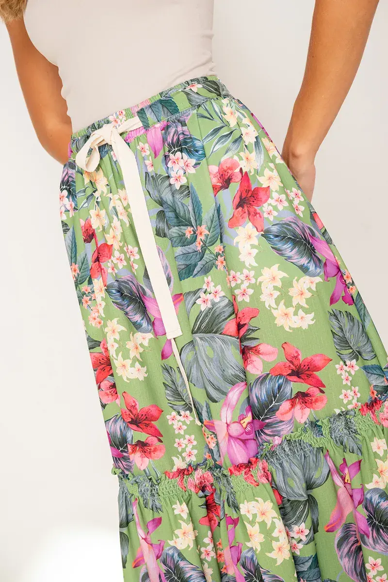 Falda larga con estampado de flores cintura alta