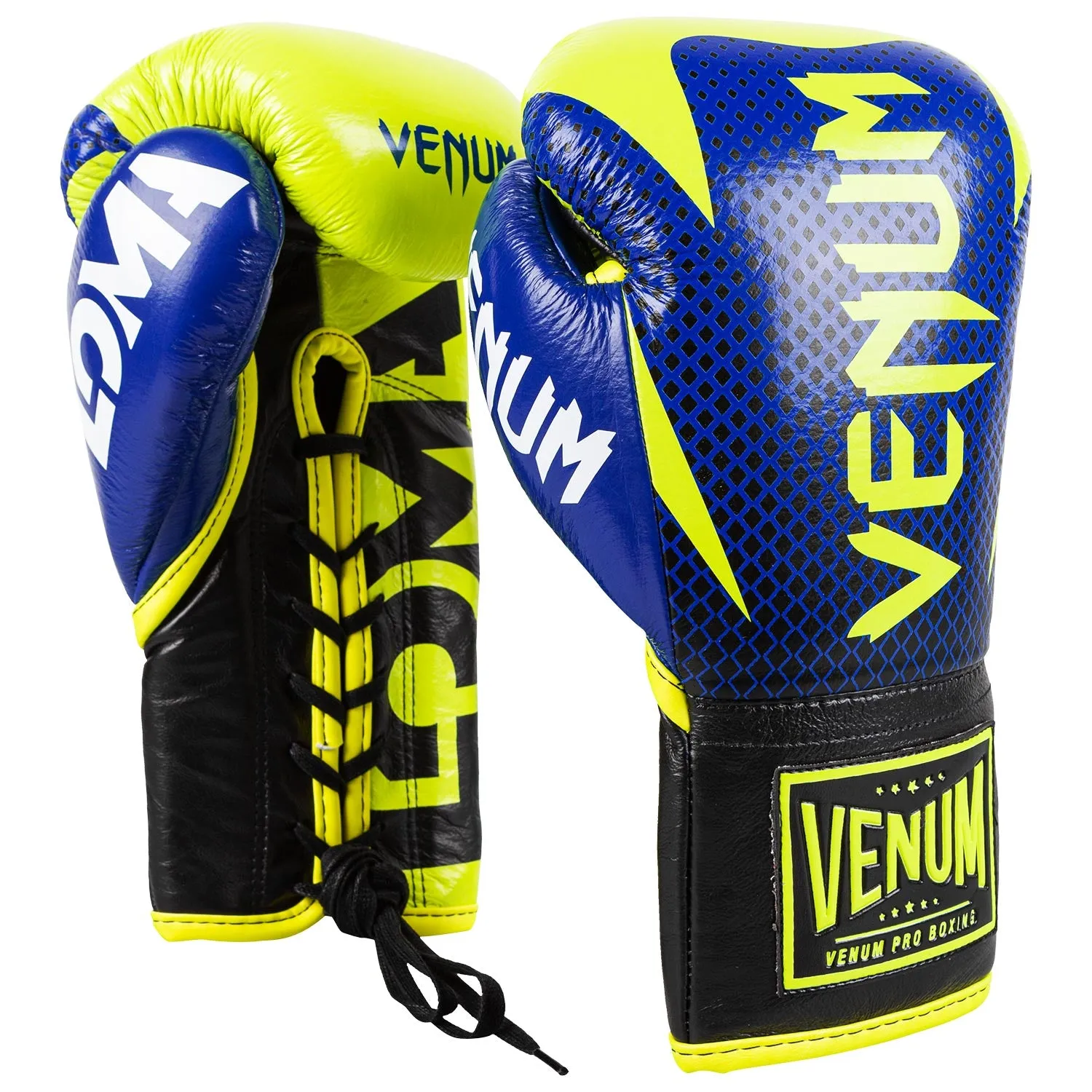 GUANTES DE BOXEO PROFESIONAL VENUM HAMMER EDICIóN LOMA  CON CORDONES  AZUL/AMARILLO