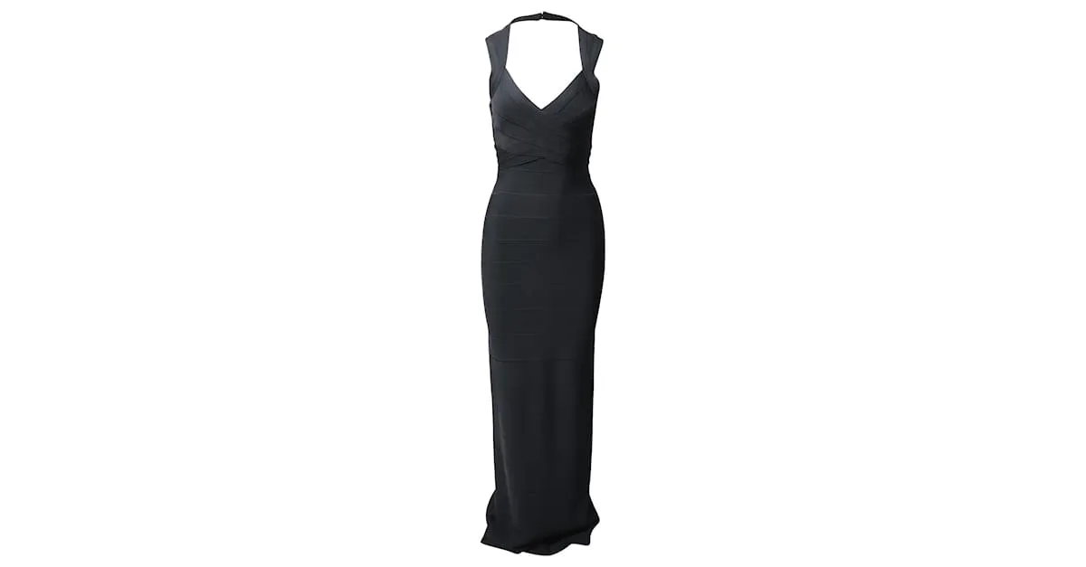 Herve Leger Icon espalda abierta vendaje vestido largo en rayón negro 