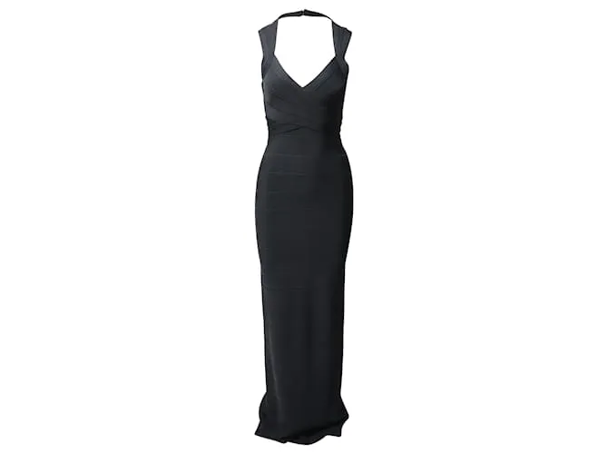 Herve Leger Icon espalda abierta vendaje vestido largo en rayón negro 