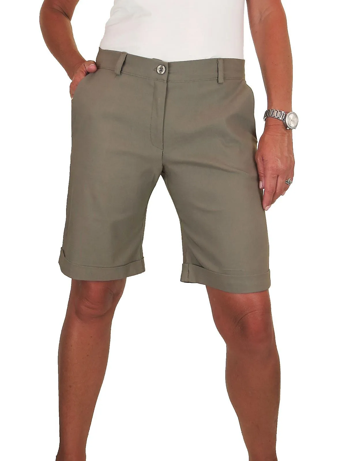 icecoolfashion Estiramiento ligero para mujeres Turn Up Cuff Shorts de pierna recta